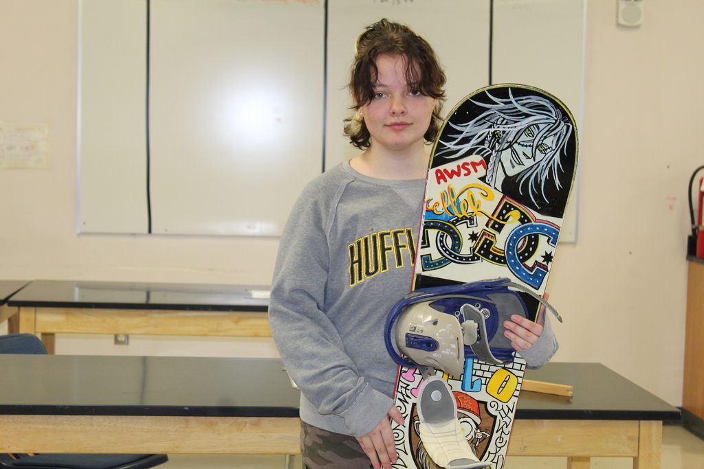 GVHS student with her snowboard